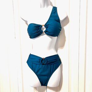 SHEIN Women's 2 Piece Off 1 Shoulder Teal Size Medium Swimsuit/Bikini Set-Beach